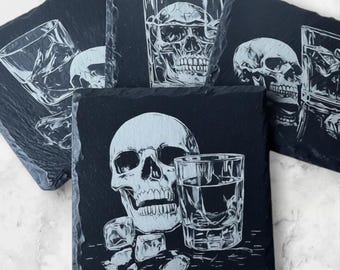 Skull & Whiskey Slate Coasters