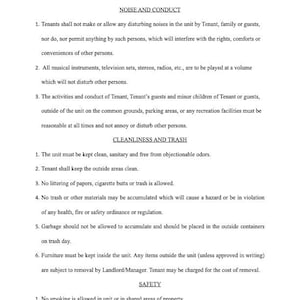 May include: A printed document titled "BUILDING & TENANT RULES" with sections on noise, cleanliness, trash, and safety. The text includes regulations about noise levels, cleanliness, and smoking restrictions within a residential property.