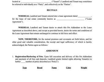 Pet Addendum – Editable Rental Agreement Add-On | Landlord & Tenant Lease Addendum