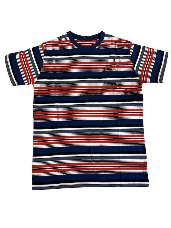 Multi Stripe T-Shirt | Retro Casual Crew Neck Tee | Blue Red White Striped Cotton Blend Shirt