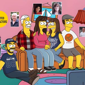 Op de afbeelding: Een familieportret in de stijl van The Simpsons, met zes personen. De cartoonfamilie zit op een gele bank voor een roze muur. De afbeelding bevat de tekst "FREE UNLIMITED CHARACTERS" in een gele cirkel.