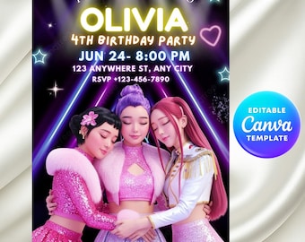 K-pop Demon Hunter Birthday Invitation, Editable Canva Template, Anime Party Invite, Digital Download Printable , Kpop Anime Invite,