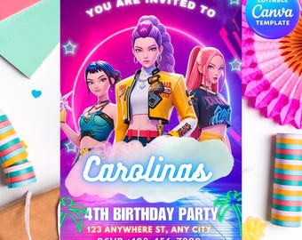 K-pop Demon Hunter Birthday Invitation, Editable Canva Template, Anime Party Invite, Digital Download Printable , Kpop Anime Invite,