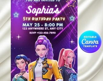 K-pop Demon Hunter Birthday Invitation, Editable Canva Template, Anime Party Invite, Digital Download Printable , Kpop Anime Invite,