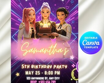 Editable K-pop Demon Hunter Birthday Invitation, Editable Canva Template, Anime Party Invite, Digital Download Printable , Kpop Anime Invite