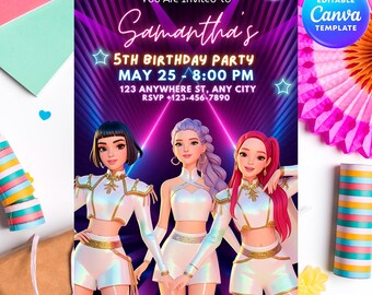 K-pop Demon Hunter Birthday Invitation, Editable Canva Template, Anime Party Invite, Digital Download Printable , Kpop Anime Invite,