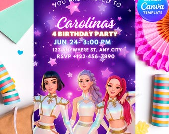K-pop Demon Hunter Birthday Invitation, Editable Canva Template, Anime Party Invite, Digital Download Printable , Kpop Anime Invite,