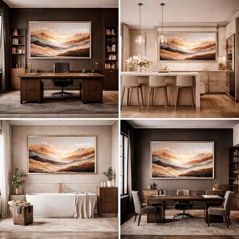 Abstract Mountain Landscape Wall Art – Warm Earth Tone Sunrise Print ...