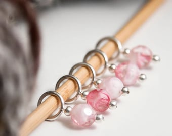 Snag Free Stitch Markers in Pink and White Faceted Glass, Set of 5, Strawberry Milkshake