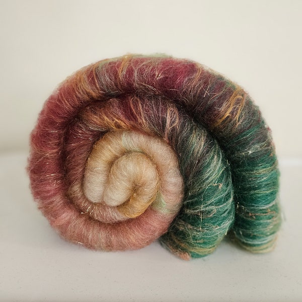 Gradient Art Batt for Spinning or Felting, 19-21 Mic Merino Wool Silk, Hand Dyed, Emerald Green Cream Taupe Red Burgundy Maroon Gold Sparkly