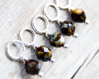 Snag Free Stitch Markers in Blue and Brown Faceted Glass, Set of 5, Denim, Coffee