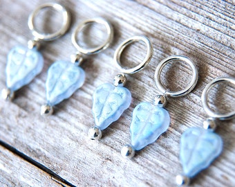 Snag Free Stitch Markers Glass Leaves, Pale Blue AB, Frosted, Carved, Iridescent, Set of 5, Nature, Leaf