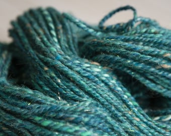 Turquoise Handspun Yarn, Tweed Tonal Silver Glitter Sparkly Yarn, Blue Corriedale Wool, Silk, Nylon, Aran Weight 2 Ply, One of a Kind