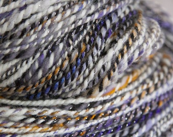 Double Skein of Halloween Yarn, Self Striping Handspun Yarn, Purple Black Gray Silver Orange White, Glitter Sparkly Wool, Chunky Weight