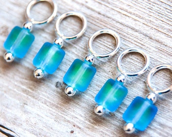 Snag Free Stitch Markers in Blue and Green Frosted Glass, Set of 5, Multicolor, Rectangle