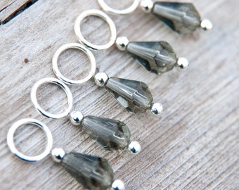 Snag Free Stitch Markers in Smoky Gray Teardrop, Grey Faceted Glass, Set of 5