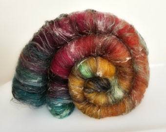 Moody Rainbow Gradient Art Batt for Spinning or Felting, 19-21 Mic Merino Wool, Hand Dyed, Mustard Rust Magenta Teal Black Gold Sparkly