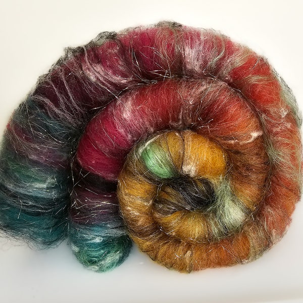 Moody Rainbow Gradient Art Batt for Spinning or Felting, 19-21 Mic Merino Wool, Hand Dyed, Mustard Rust Magenta Teal Black Gold Sparkly