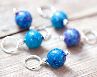 Snag Free Stitch Markers in Cerulean Blue and Purple Gemstone Set of 5, Dyed Jasper