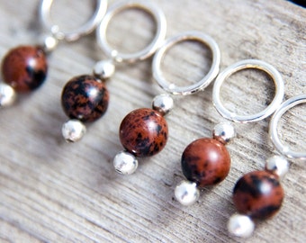 Snag Free Stitch Markers in Brown and Black Gemstone Set of 5, Mahogany Obsidian,