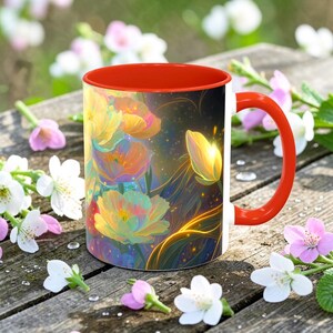 Colorful Floral Art Mug, Ceramic Accent Mug 11oz, Aesthetic Flower Coffee Cup, Vibrant Floral Mug, Unique Gift for Her, Artistic Coffee Mug