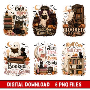 Op de afbeelding: Een set van zes digitale illustraties met geesten en zwarte katten in bibliotheekomgevingen met herfstmotieven. De tekst bevat One More Chapter, Read More Haunt More, Booked All Night, Booked for Spooky Season, Just Here for the Boos and Books en Shelf Care is Self Care.