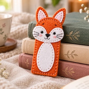 May include: A felt bookmark shaped like a fox with orange and white fabric. The fox face features black embroidered eyes, a nose, whiskers, and pink cheeks. The body is a rectangular orange strip with a white oval patch in the centre, featuring visible white stitching along the edges of the felt pieces.