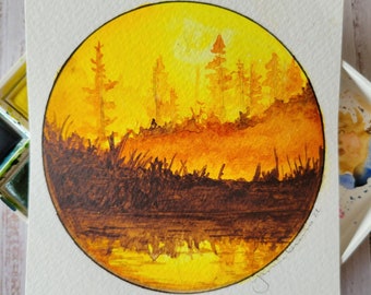 4x4 Gelbe Aquarell Landschaft | Original Kunstwerk | Drucke
