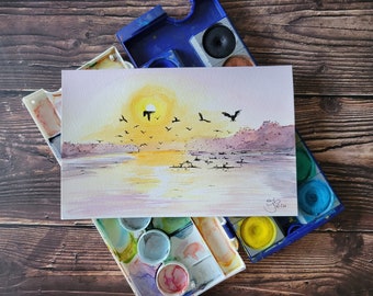 15 x 22 cm Lila Sonnenuntergang mit Vögeln | Aquarell Illustration | Kunstdruck