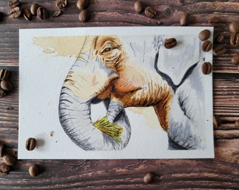 4x6 Elephant | Coffee Painting |  Original Artwork and Prints