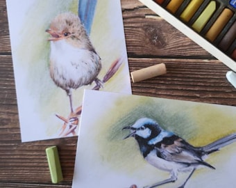 5x7 Fairy Wrens | Soft Pastel Drawing | Prints