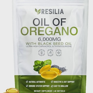 K&ouml;nnte beinhalten: Eine wei&szlig;e und gr&uuml;ne Packung des Nahrungserg&auml;nzungsmittels Resilia Oil of Oregano. Die Packung zeigt den Text "OIL OF OREGANO" und "6.000MG". Die Packung enth&auml;lt auch Bilder von Oreganobl&auml;ttern, schwarzen Samen und Softgels. Sie enth&auml;lt 60 Softgels.