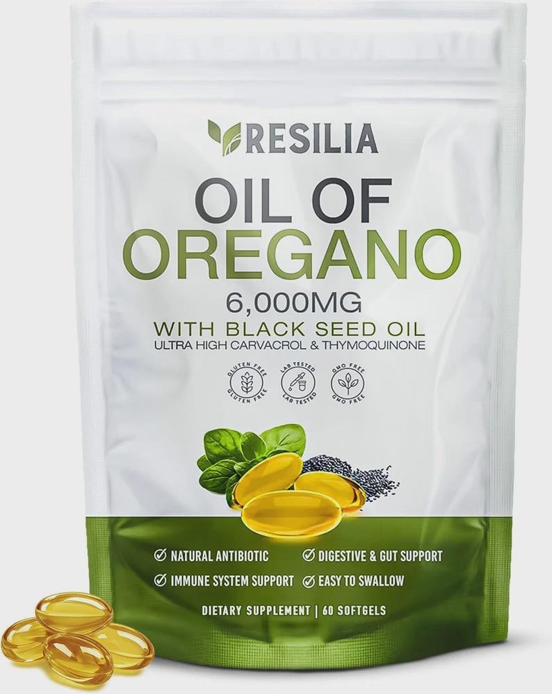 K&ouml;nnte beinhalten: Eine wei&szlig;e und gr&uuml;ne Packung des Nahrungserg&auml;nzungsmittels Resilia Oil of Oregano. Die Packung zeigt den Text "OIL OF OREGANO" und "6.000MG". Die Packung enth&auml;lt auch Bilder von Oreganobl&auml;ttern, schwarzen Samen und Softgels. Sie enth&auml;lt 60 Softgels.