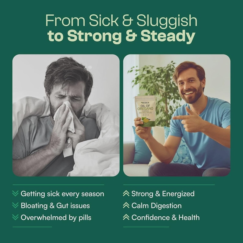 K&ouml;nnte beinhalten: Werbung zeigt einen Mann, der krank und dann gesund aussieht. Der Text lautet: &bdquo;Von krank & tr&auml;ge zu stark & stabil&ldquo;. Der gesunde Mann h&auml;lt eine Packung &bdquo;Oregano-&Ouml;l&ldquo;. Aufz&auml;hlungszeichen listen gesundheitliche Vorteile auf.