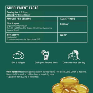 K&ouml;nnte beinhalten: N&auml;hrwertkennzeichnung f&uuml;r Softgels. Das Etikett gibt eine Portionsgr&ouml;&szlig;e von 2 Softgels an, mit 30 Portionen pro Beh&auml;lter. Es listet die Menge pro Portion von Oregano&ouml;l und Schwarzk&uuml;mmel&ouml;l sowie deren % Tageswert auf. Weitere Inhaltsstoffe sind ebenfalls aufgef&uuml;hrt.