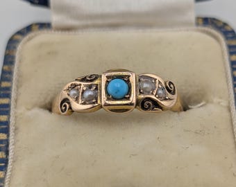 Antik viktoriansk ring med 15 karat guld, turkos och fröpärla, ca 1875, engelska kännetecken