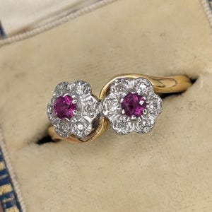 Antique Edwardian 18ct Gold Ruby & Diamond Toi et Moi Twist Ring | Twin Cluster Ring