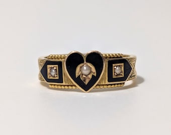 Seltener antiker 15 Karat Gold Trauerring - Schwarze Emaille, Perlen & Haare - Englische Punzen