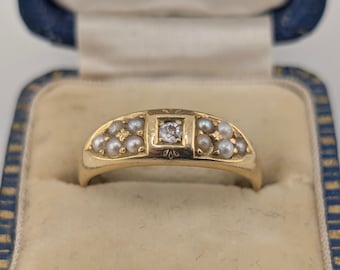 Antique Victorian 18ct Gold Diamond & Seed Pearl Ring | Dated 1889 | Romantic Inscription | Hallmarked | UK O / US 7