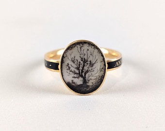 Seltener georgischer 15 Karat Gold Trauerring c.1773 | Baum des Lebens | Schwarzer Emaille Ring