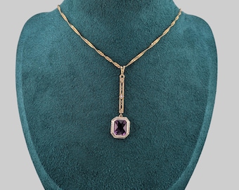 Vintage Art Deco 14ct Gold Amethyst Drop Pendant On 9ct Gold Chain