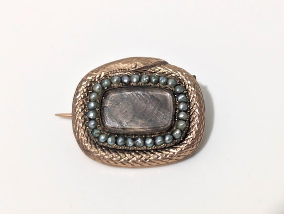 Rare Victorian 9ct Gold Hairwork & Seed Pearl Mourning Brooch – Serpent Design