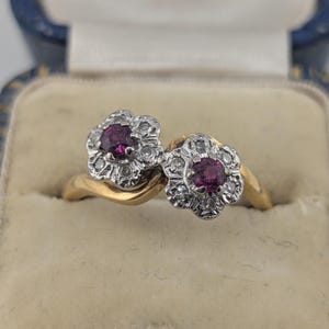 Antique Edwardian 18ct Gold Ruby & Diamond Toi et Moi Twist Ring | Twin Cluster Ring