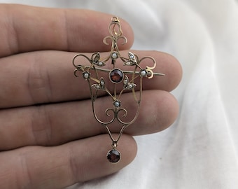 Edwardian Antique 9 Karat Gold Granat & Perle Lavalier Anhänger Brosche