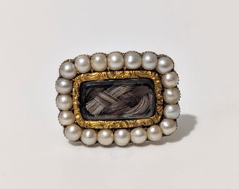 Antique 9ct Gold Victorian Hair Work Mourning Brooch with Pearls