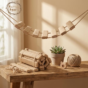 May include: A decorative rope bridge made of natural fibre, with rectangular blocks and rope supports. The bridge is suspended above a wooden table, alongside a succulent in a pot, a wooden bear, and a ball of twine. The Rattan Roots logo is visible.