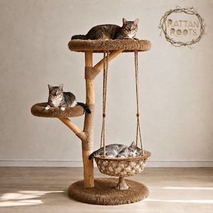 May include: A multi-level cat tree with a central wooden post wrapped in rope, featuring two circular brown plush platforms and a hanging woven basket swing. Three tabby cats are resting on the structure. The text RATTAN ROOTS is visible.