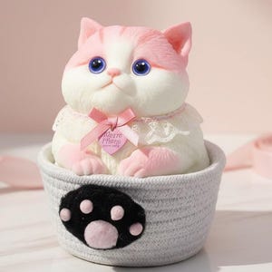 Könnte beinhalten: Eine weiße und rosa Katzenfigur mit blauen Augen sitzt in einem grauen geflochtenen Korb. Die Katze hat eine rosa Schleife und einen Spitzenkragen. Ein schwarzer Pfotenabdruck befindet sich auf dem Korb. Ein rosa Band und eine weiße Blume sind im Hintergrund.