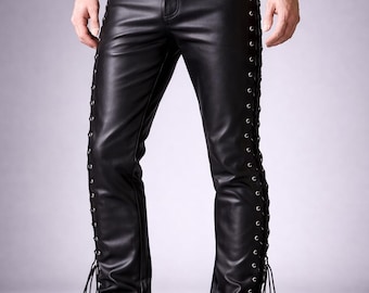 Pantalones de motociclista de cuero genuino con cordones laterales para hombre – Pantalones de motociclista punk
