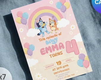 ピンクブルーの犬の誕生日招待状、編集可能なこのエピソードの招待状、レインボーパピーパーティー、女の子の誕生日Canvaテンプレート、5x7デジタル招待状